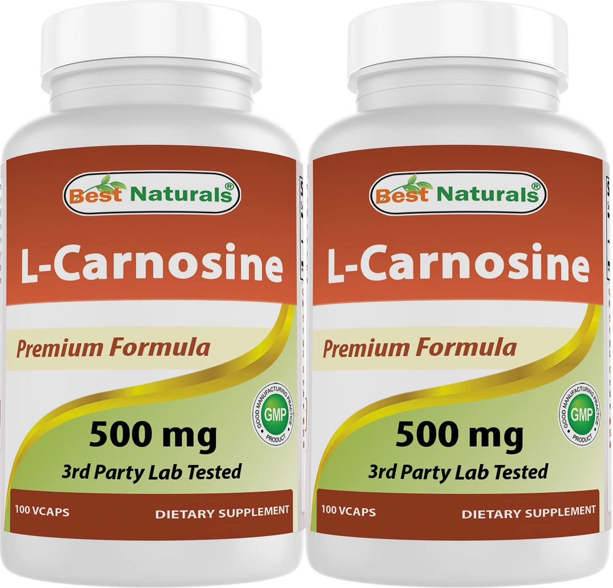 Best Naturals L-Carnosine 500 mg bottle front view, convenient 2-pack for daily use.