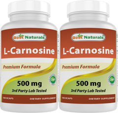 Best Naturals L-Carnosine 500 mg bottle front view, convenient 2-pack for daily use.
