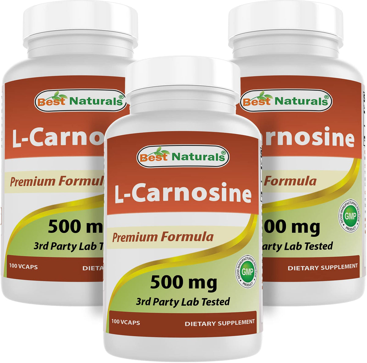 Best Naturals L-Carnosine 500 mg bottle on white background for daily supplementation
