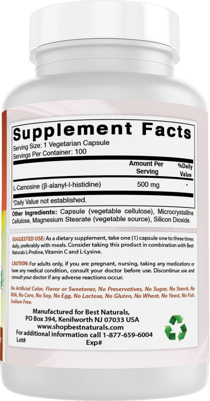 Best Naturals L-Carnosine 500 mg packaging shot with box and bottle.