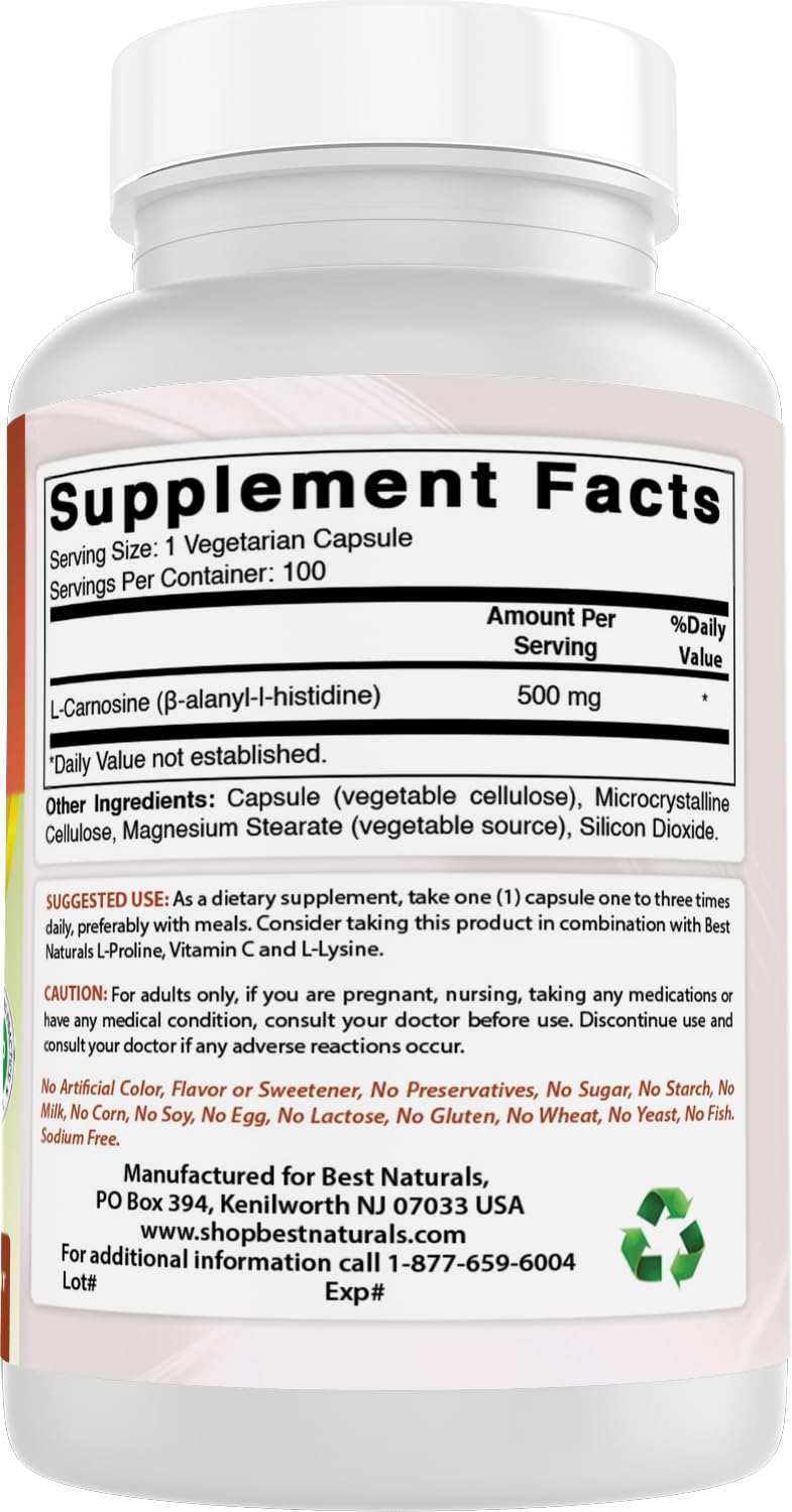 Best Naturals L-Carnosine 500 mg packaging shot with box and bottle.