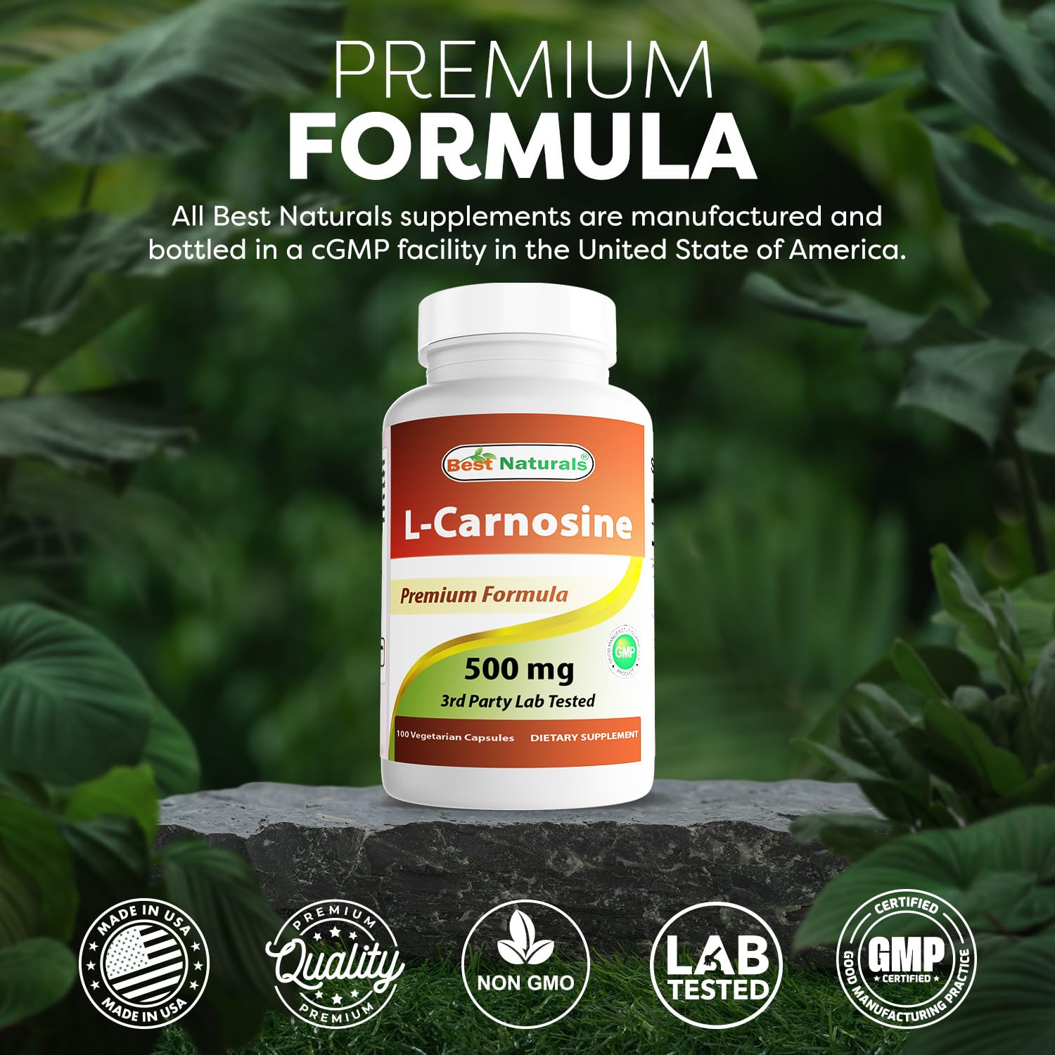 Best Naturals L-Carnosine 500 mg packaging featuring the USA-made GMP seal.