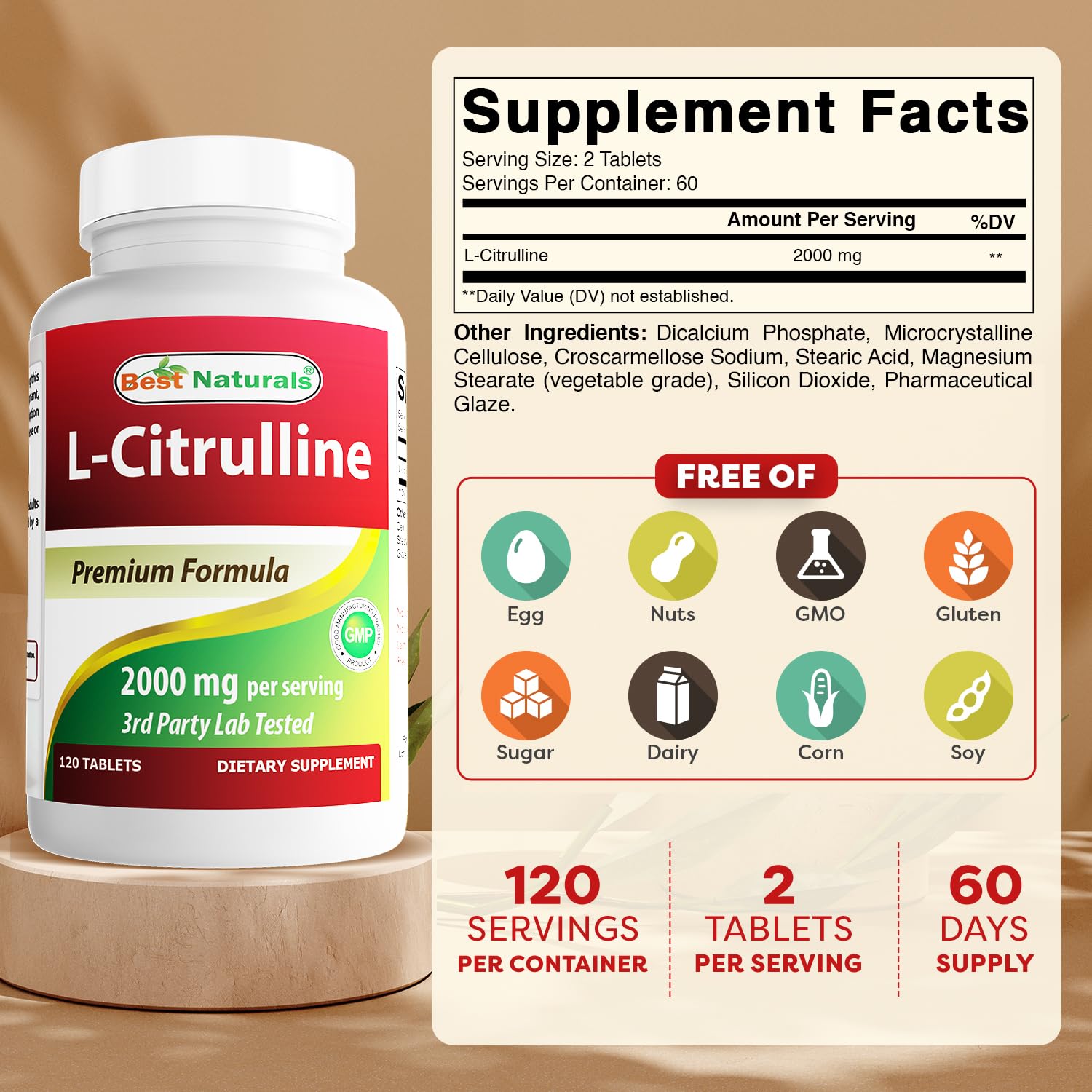 Best Naturals L-Citrulline bottle back label showing 2000 mg per serving.