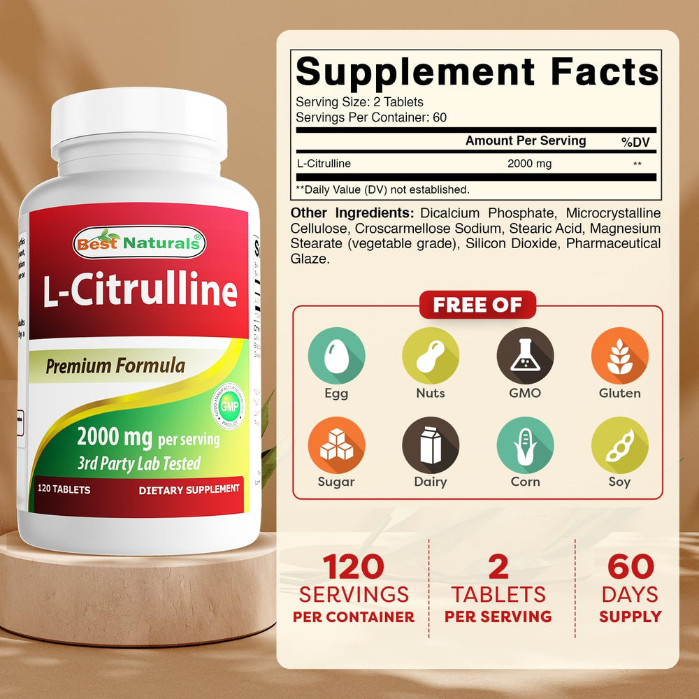Best Naturals L-Citrulline bottle back label showing 2000 mg per serving.