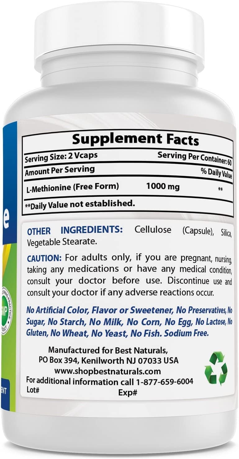 Clear glass bottle shows purity and no artificial additives claim for Best Naturals L-Methionine.