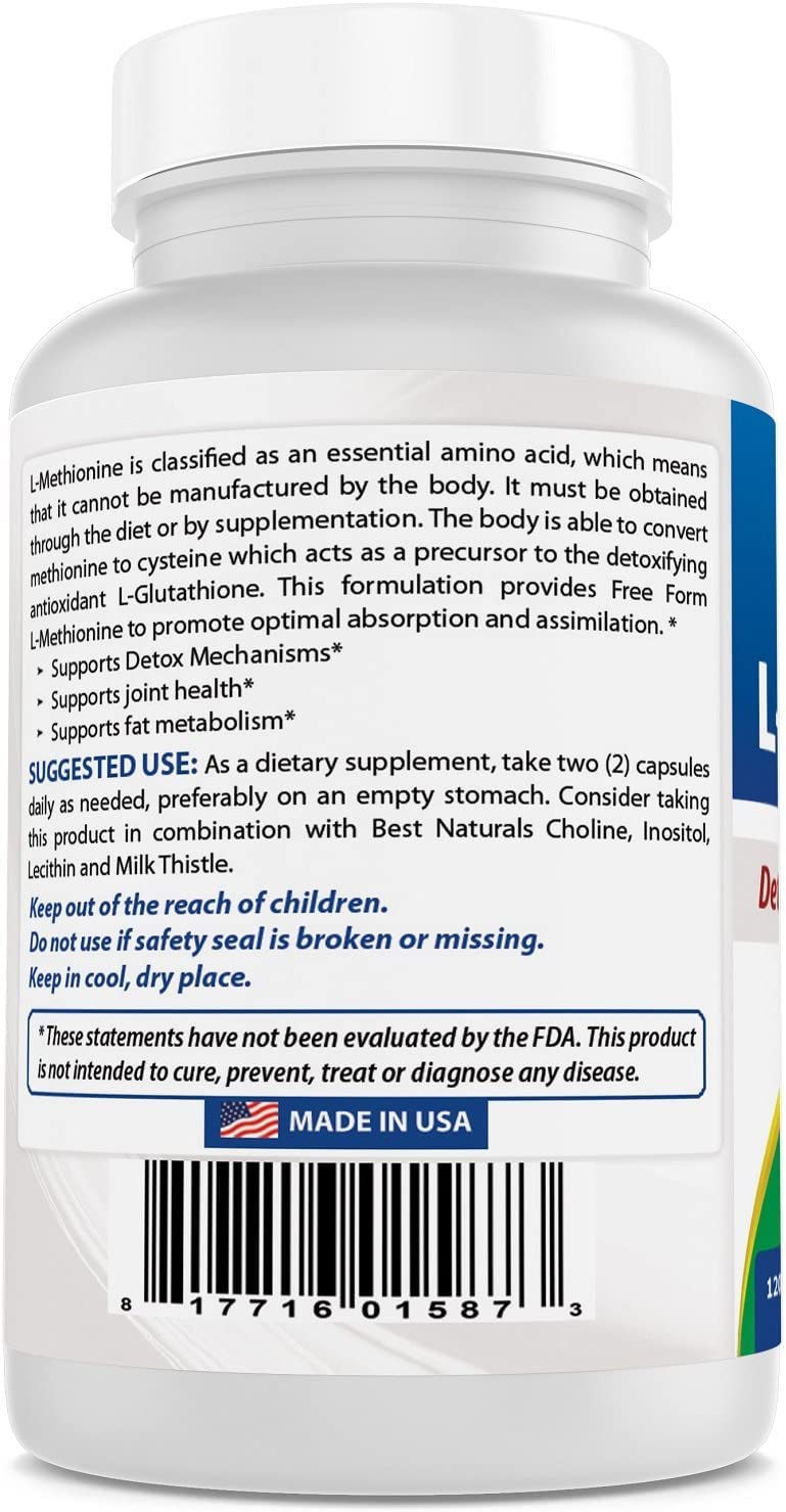 Packaging highlights Non-GMO and gluten-free attributes on Best Naturals L-Methionine.