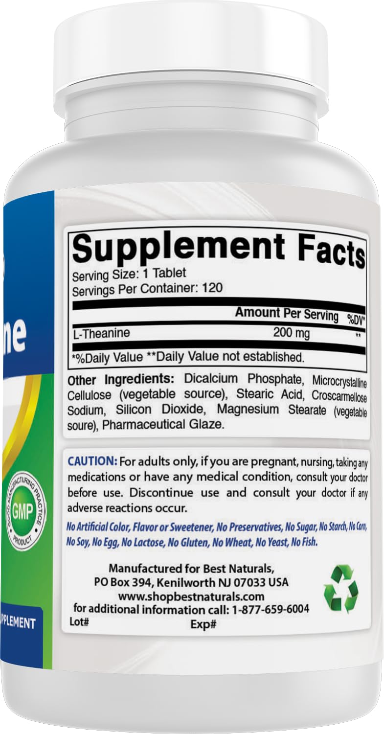 Best Naturals L-Theanine non-GMO gluten-free badge supports allergen-conscious choice.