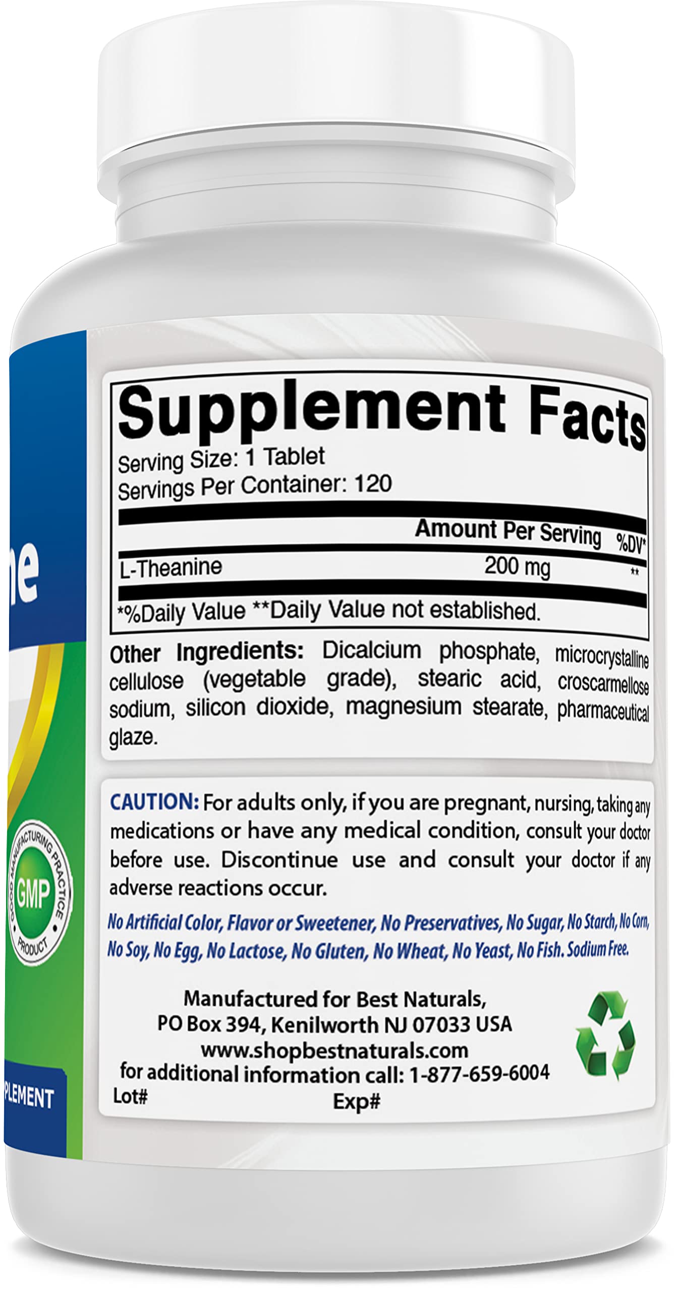 Supplement facts panel for Best Naturals L-Theanine 200mg per tablet