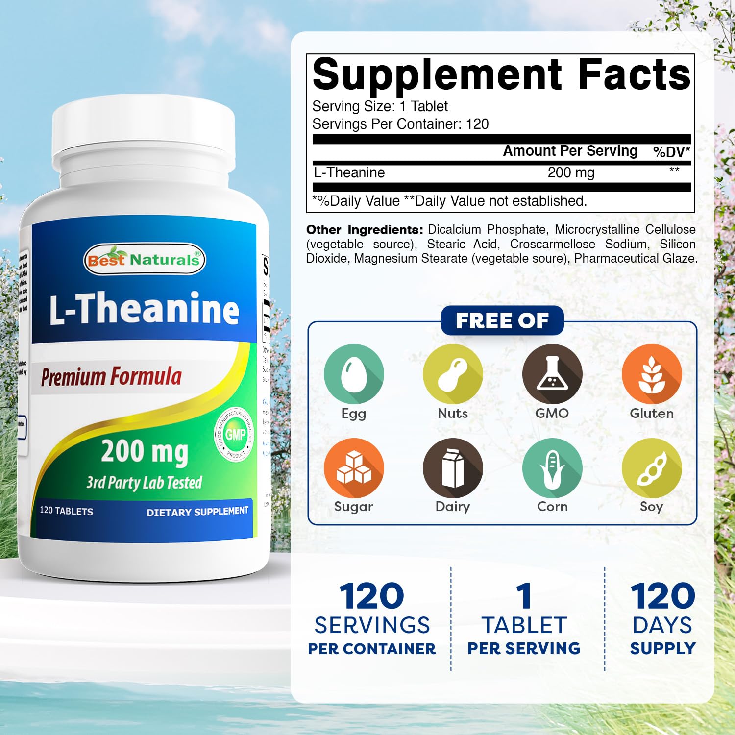 Best Naturals L-Theanine tablets close-up highlights compact, travel-friendly dose.