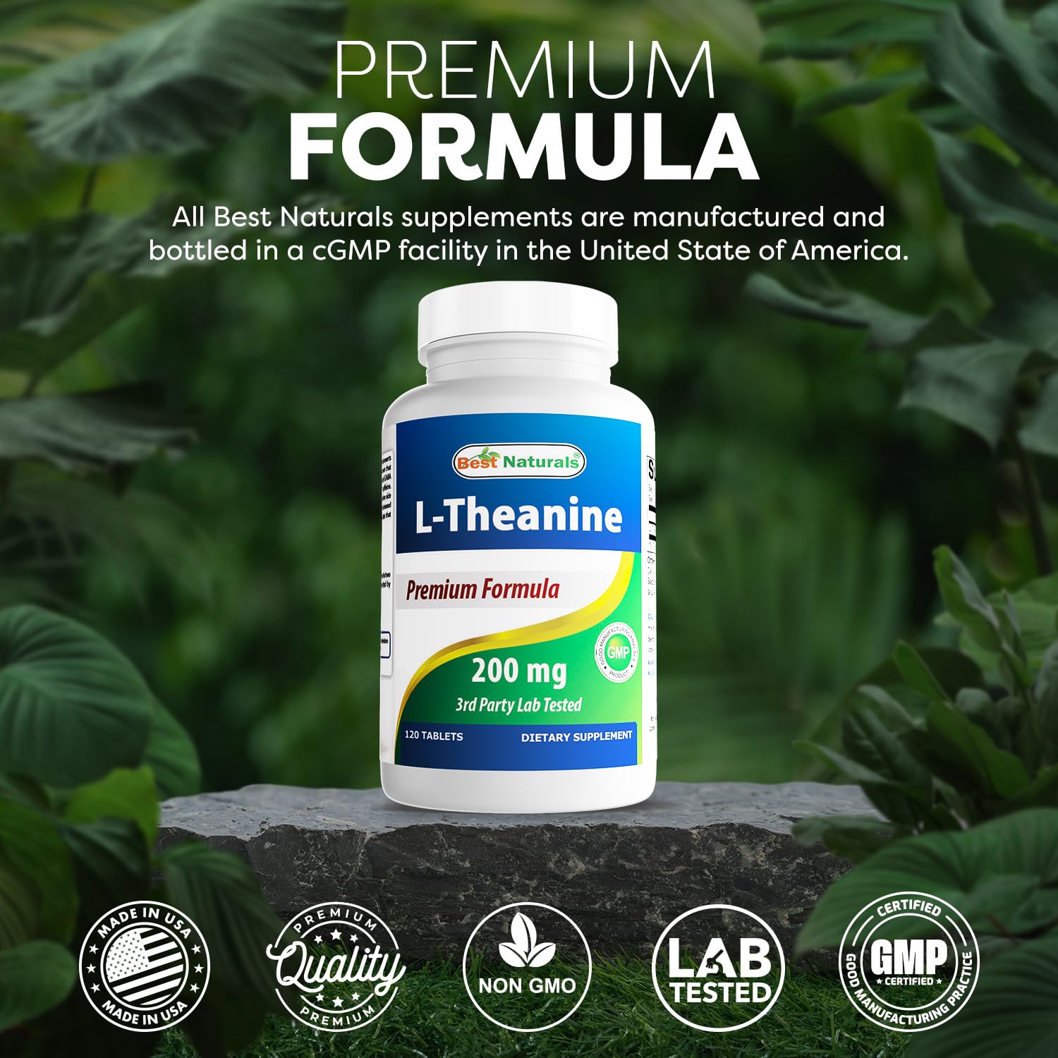 Best Naturals L-Theanine US-made facility badge highlights domestic production.