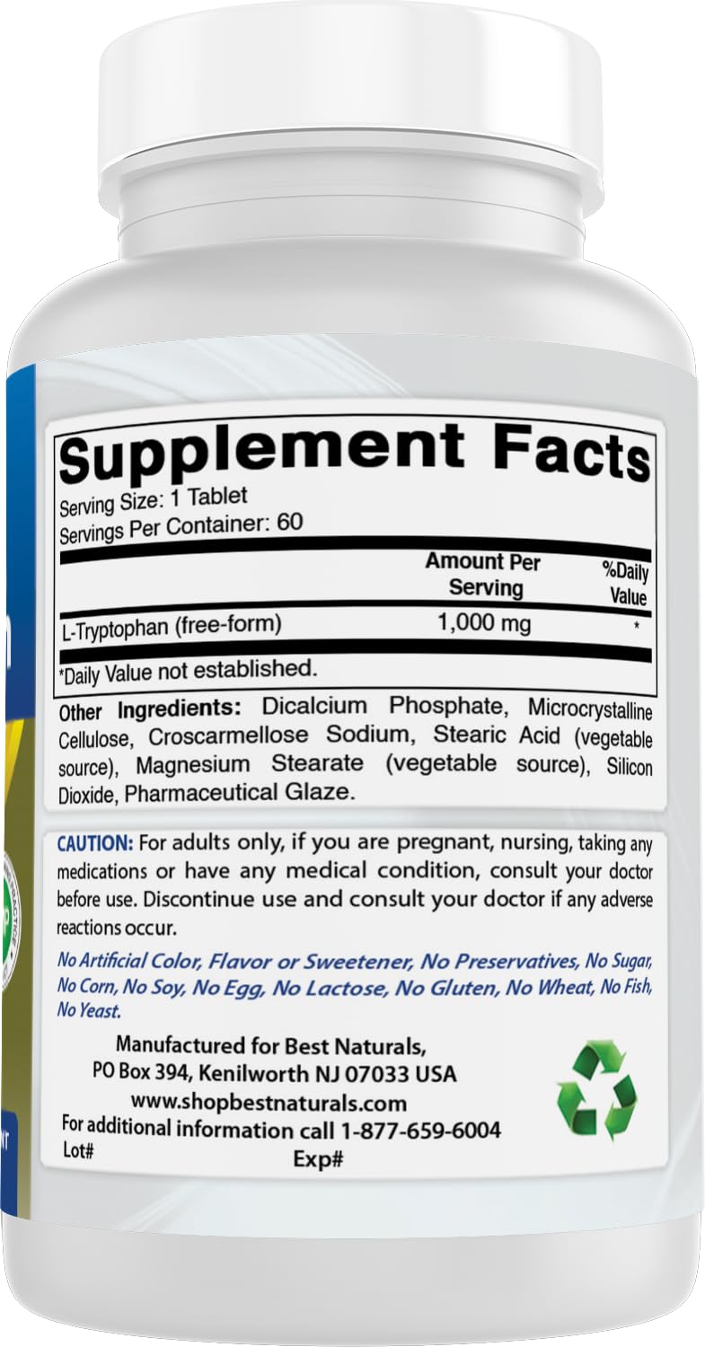 Non-GMO statement and label highlights on Best Naturals L-Tryptophan tablets.