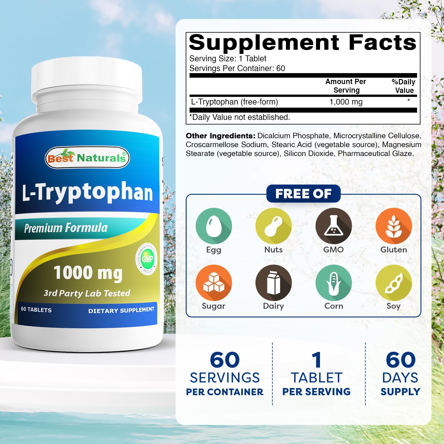 Close-up of Best Naturals L-Tryptophan tablets highlighting capsule texture and quality.