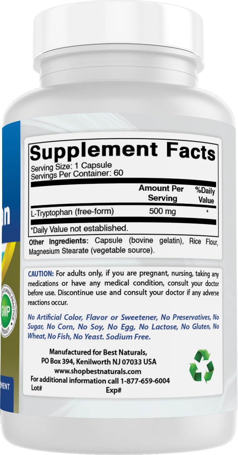 Best Naturals L-Tryptophan gluten-free and non-GMO symbol on label