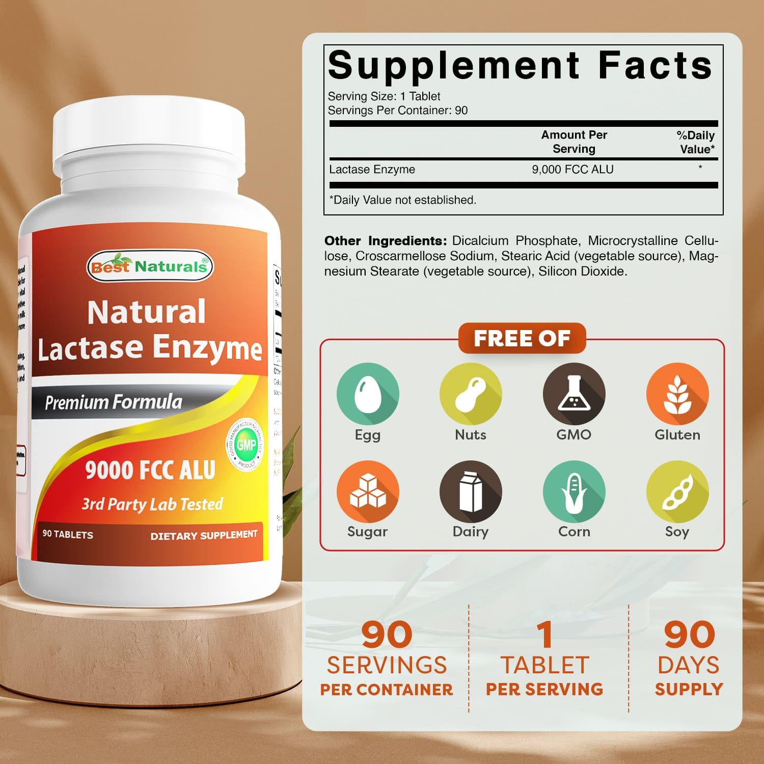 Close-up of Best Naturals lactase enzyme tablet highlighting 9000 FCC ALU potency.