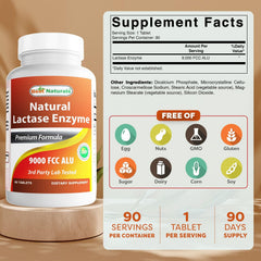 Close-up of Best Naturals lactase enzyme tablet highlighting 9000 FCC ALU potency.