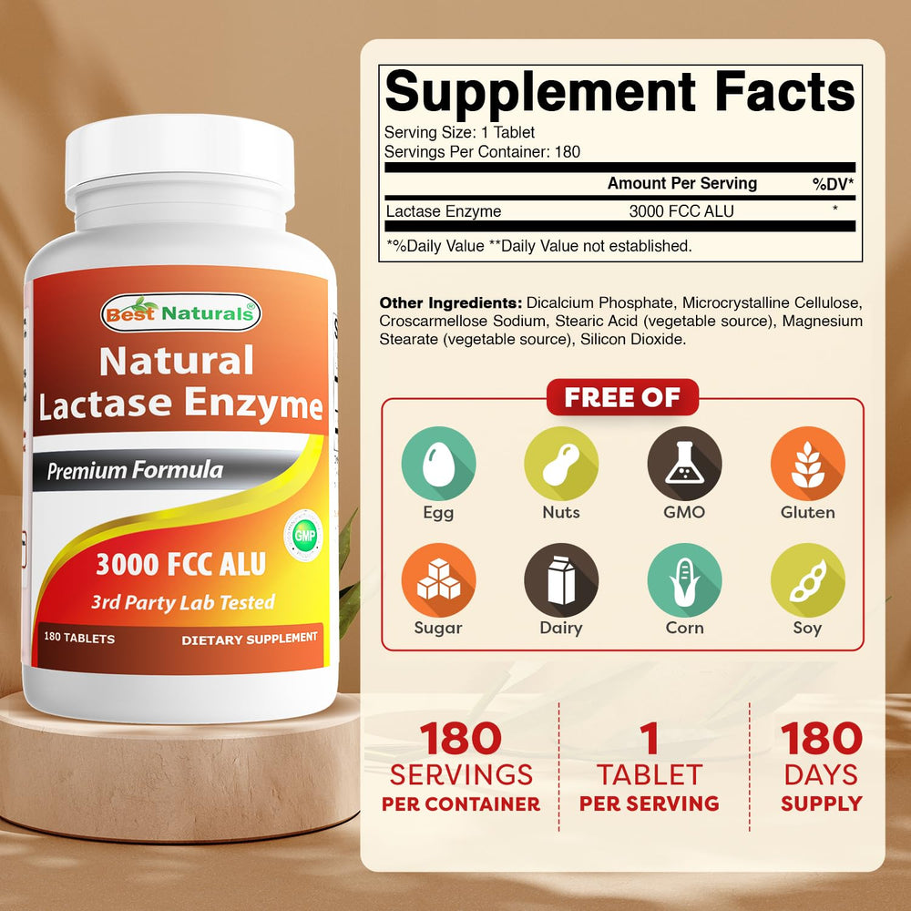Close-up of Best Naturals lactase tablets for lactose digestion