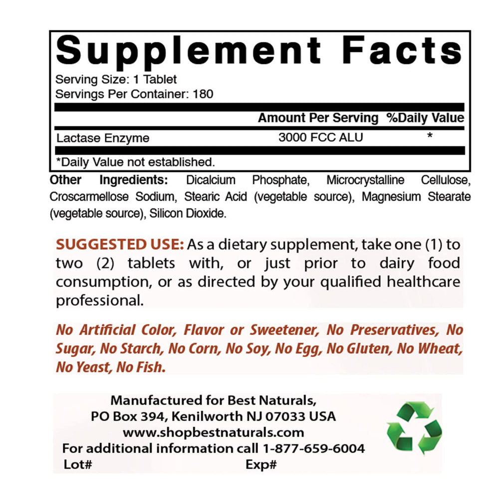 Best Naturals lactase enzyme tablets closeup show tablet texture and form.