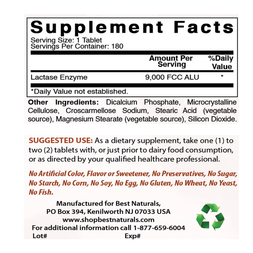 Close-up of Best Naturals lactase enzyme tablets highlighting fast-acting digestion aid.