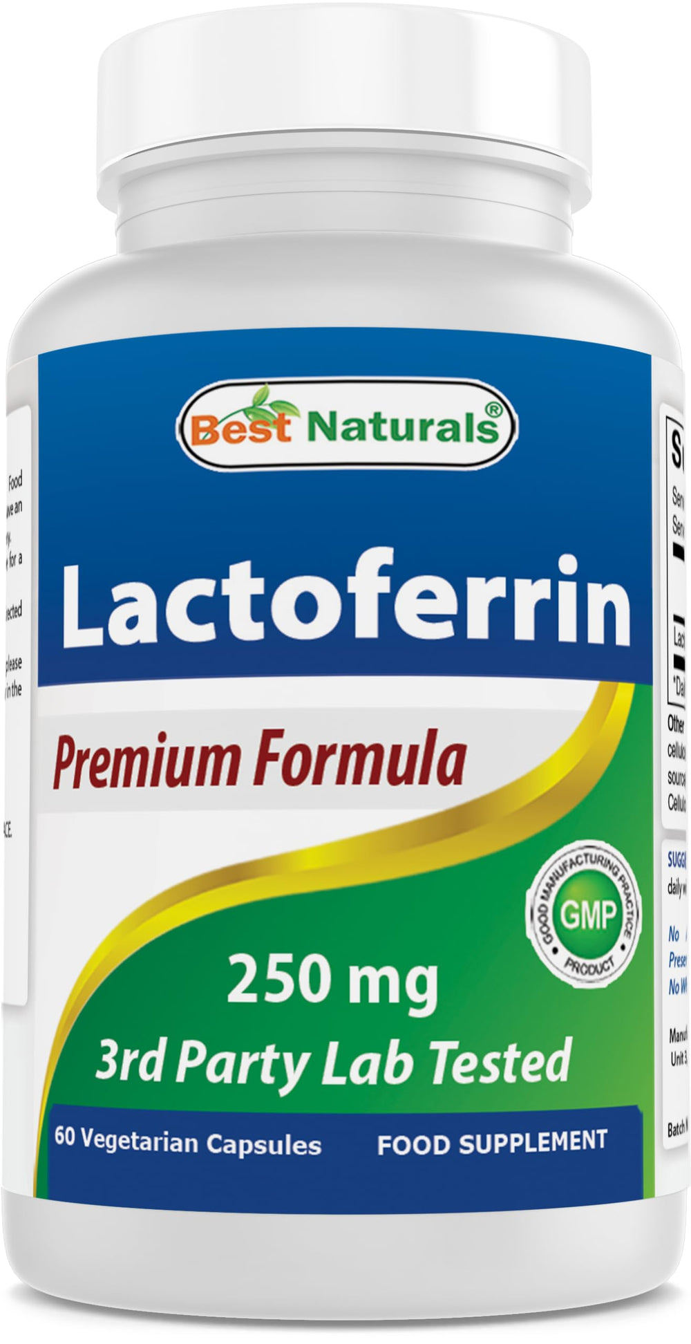 Best Naturals Lactoferrin 250 mg capsule bottle on shelf highlighting purity and immune support