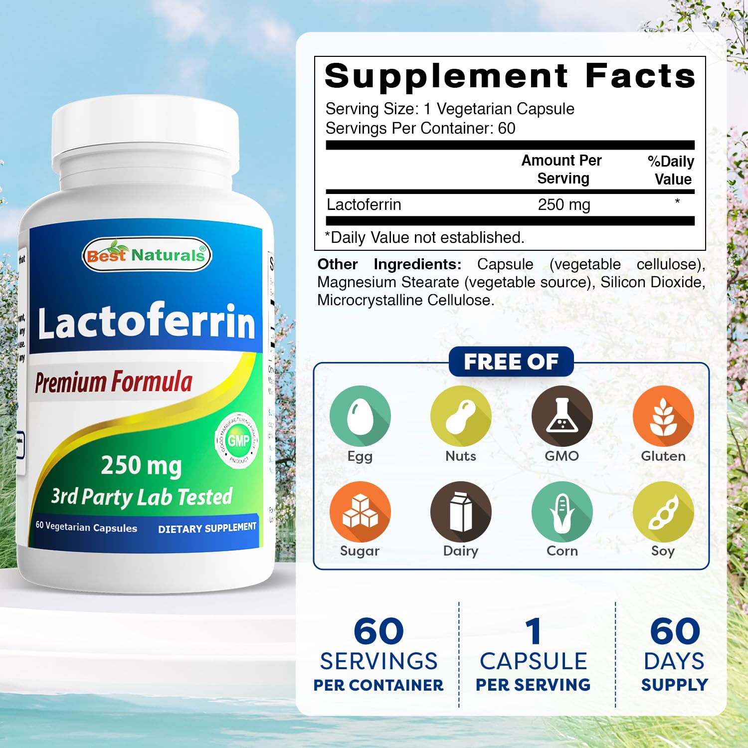 Close-up of Best Naturals Lactoferrin capsule to emphasize 250 mg dosage
