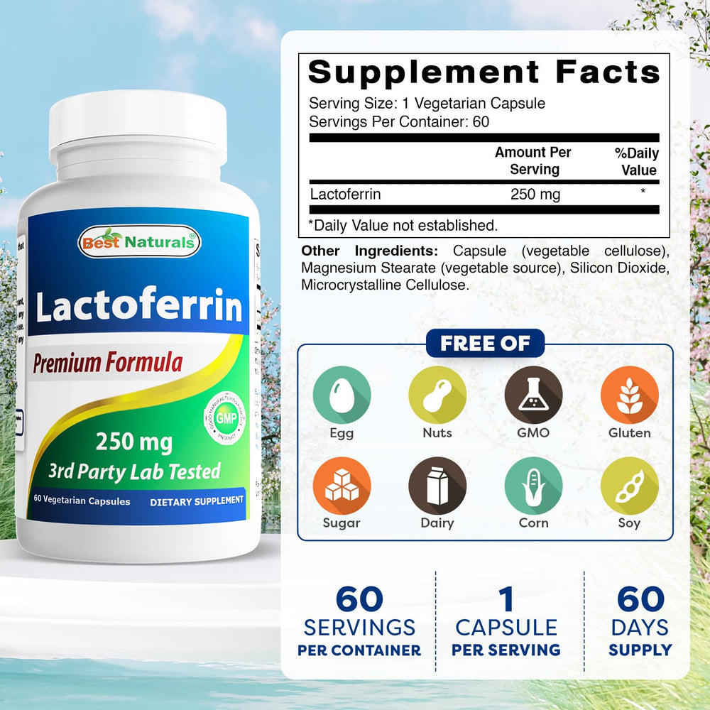 Close-up of Best Naturals Lactoferrin capsule to emphasize 250 mg dosage