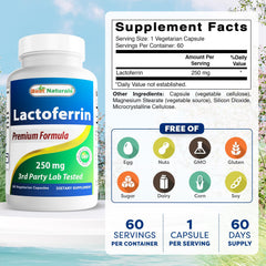 Close-up of Best Naturals Lactoferrin capsule to emphasize 250 mg dosage