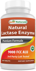 Best Naturals Lactose Intolerance Relief tablets bottle with natural lactase enzyme for digestion support.