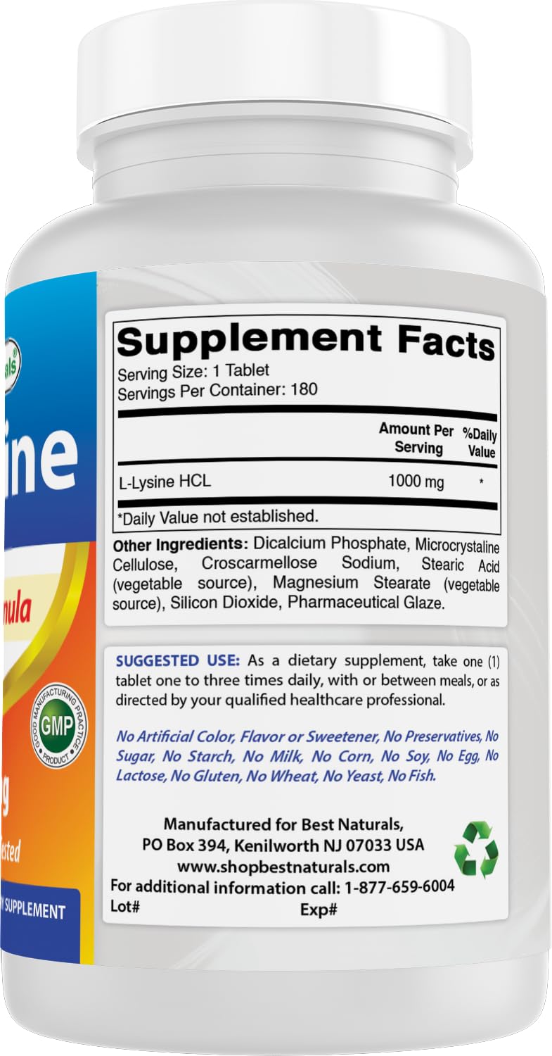 Best Naturals L-Lysine 1000mg third-party lab badge indicating purity