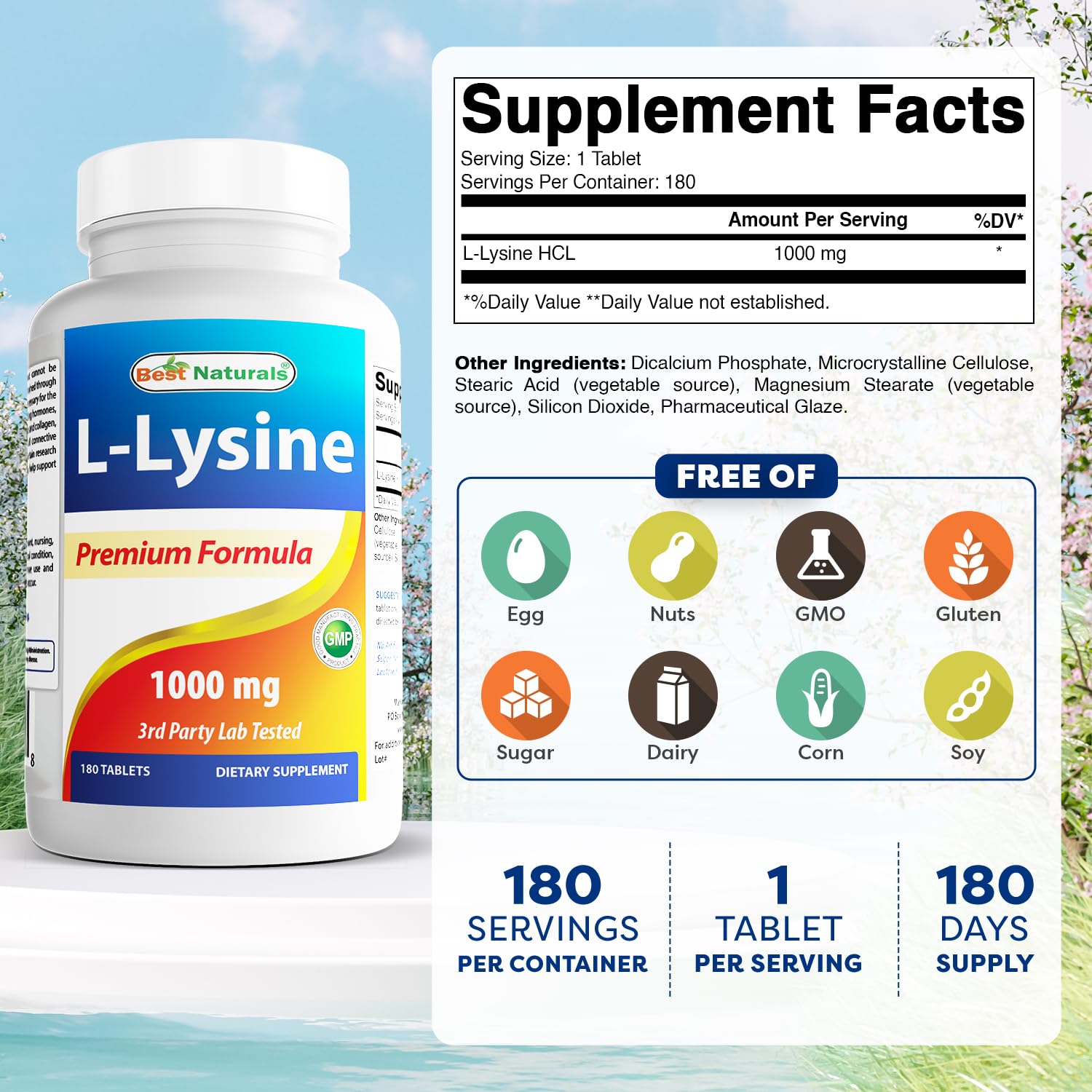 Best Naturals L-Lysine 1000mg bottle front with gluten-free label
