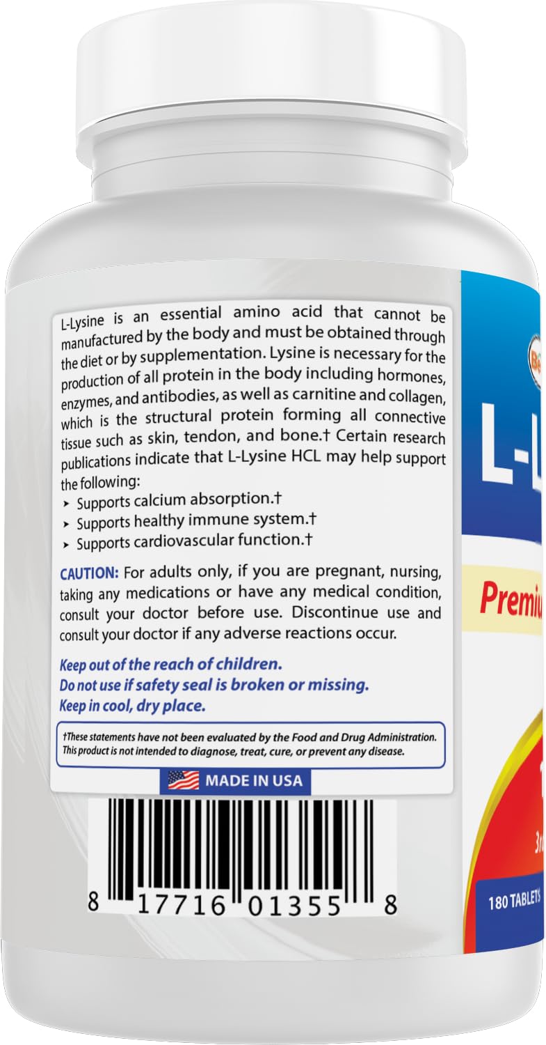 Best Naturals L-Lysine made in USA facility badge on bottle