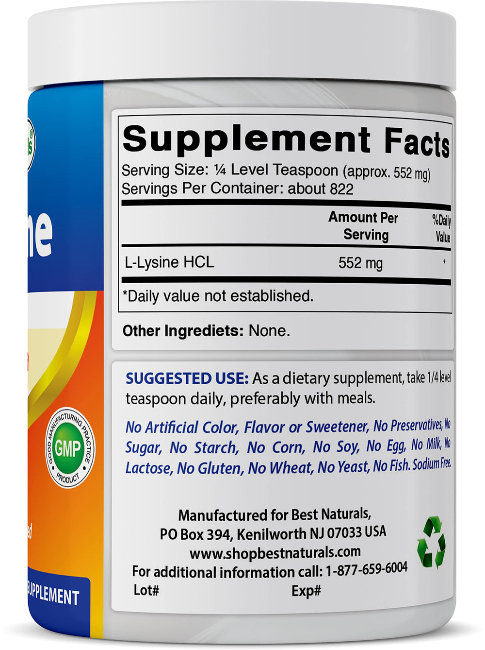 No artificial colors or flavors in Best Naturals Lysine Powder