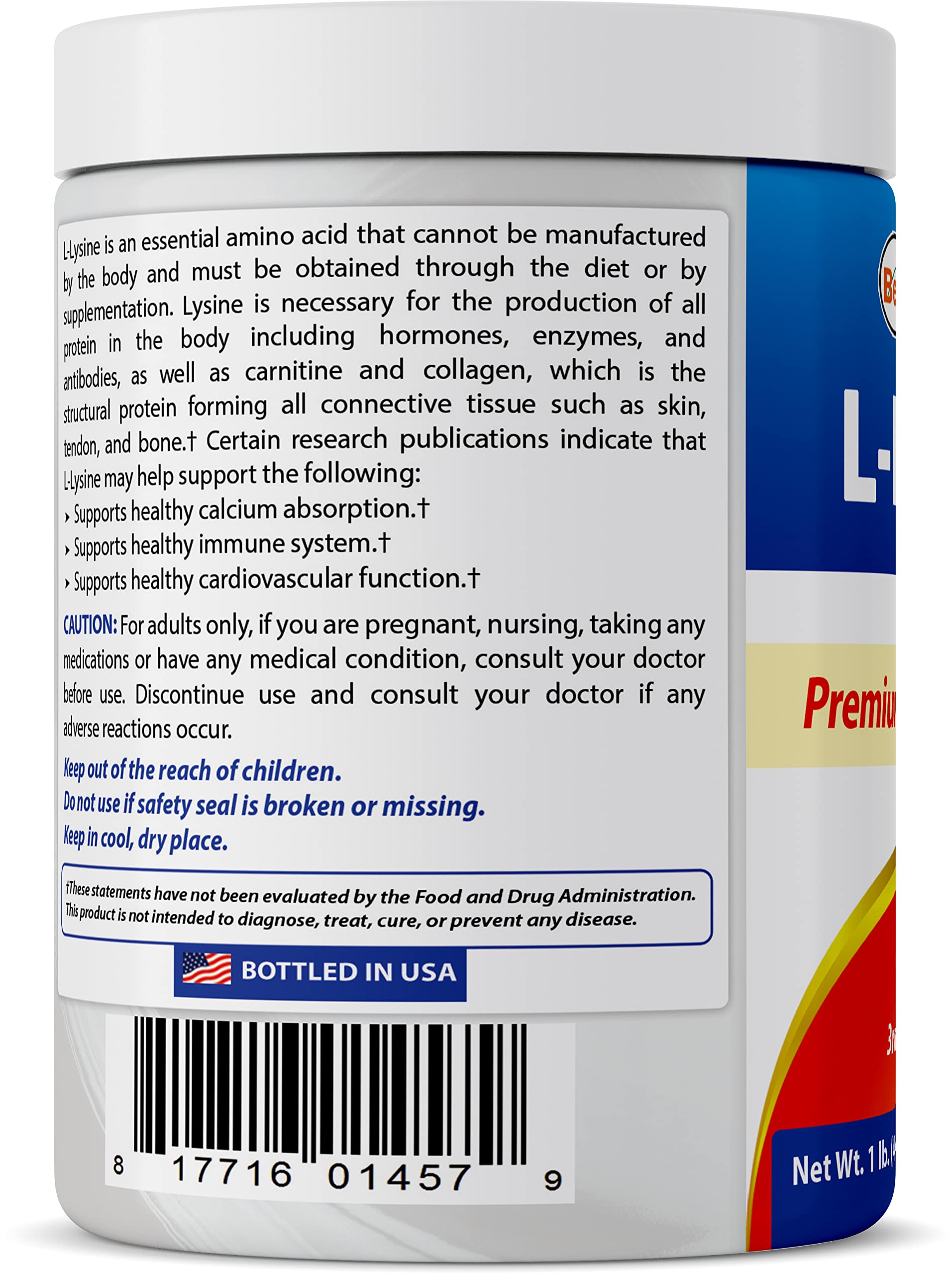Made in USA facility logo on Best Naturals Lysine Powder packaging
