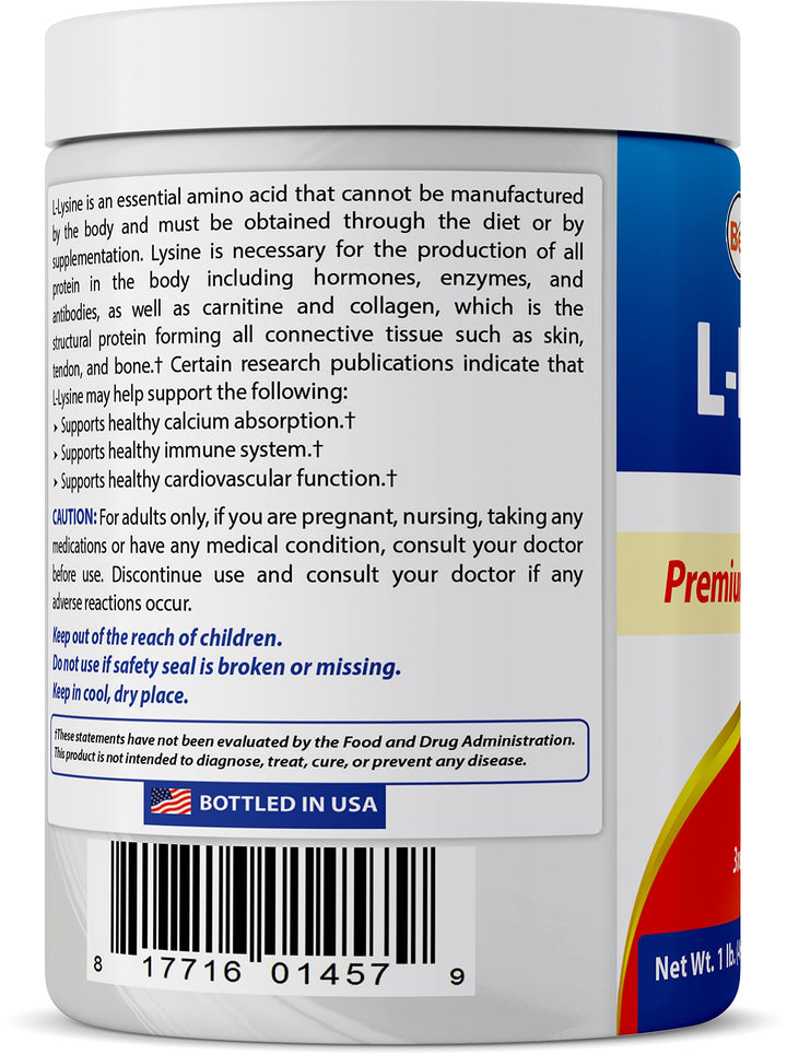 Made in USA facility logo on Best Naturals Lysine Powder packaging