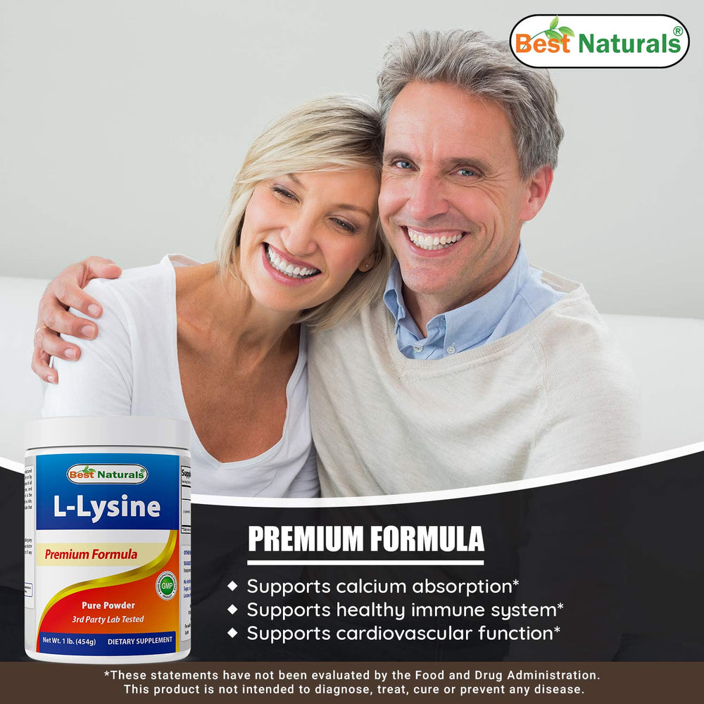 Non-GMO and gluten-free certification on Best Naturals Lysine Powder bottle