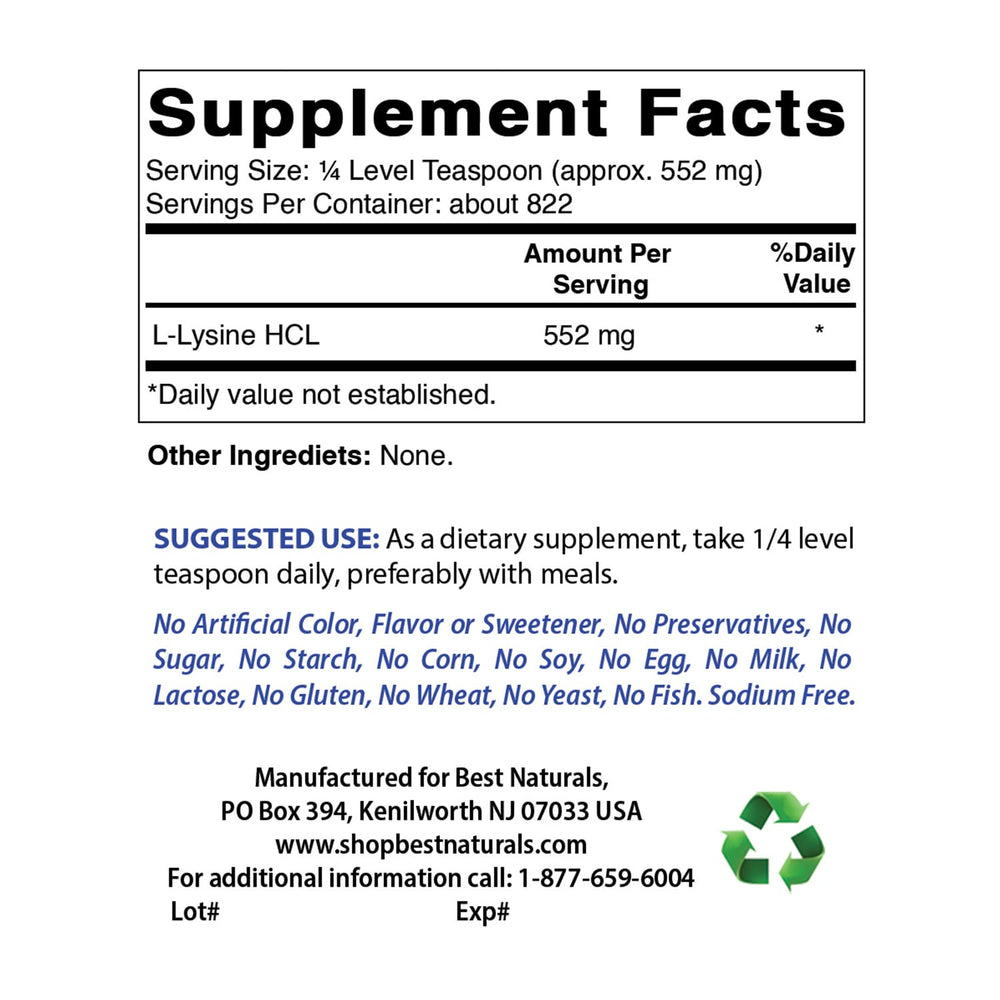 Best Naturals Lysine Powder scoop measures a precise 1/4 teaspoon