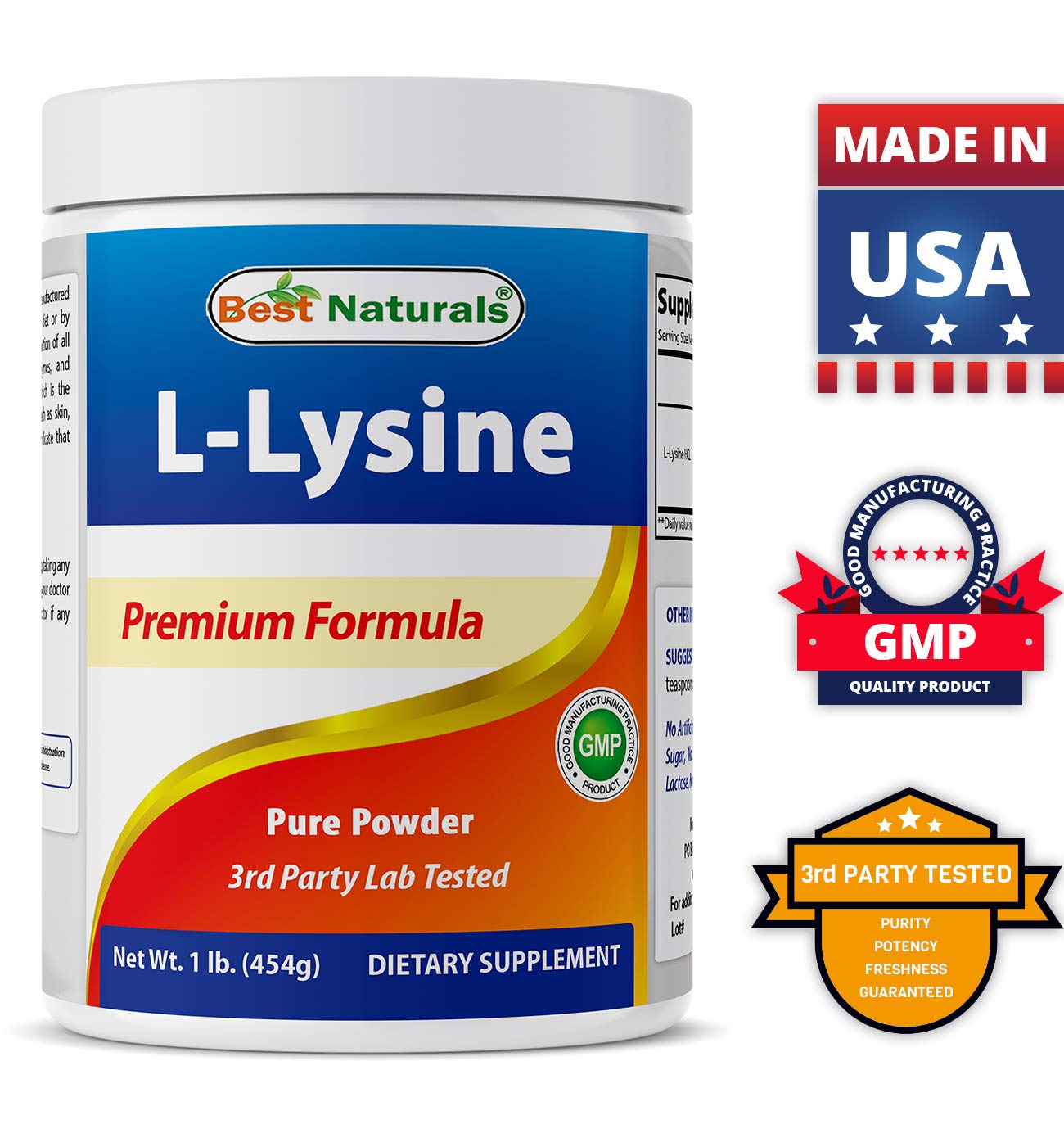 Sodium-free formula highlighted on Best Naturals Lysine Powder label