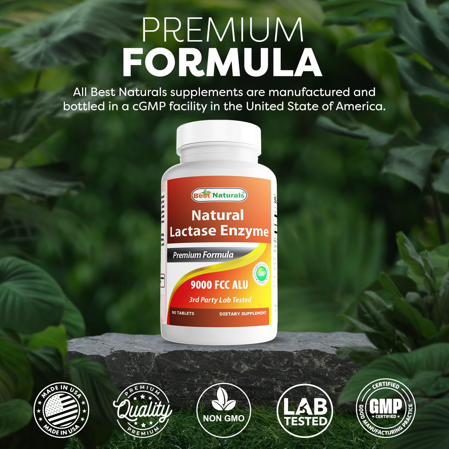 Made in USA GMP facility logo with Best Naturals branding.