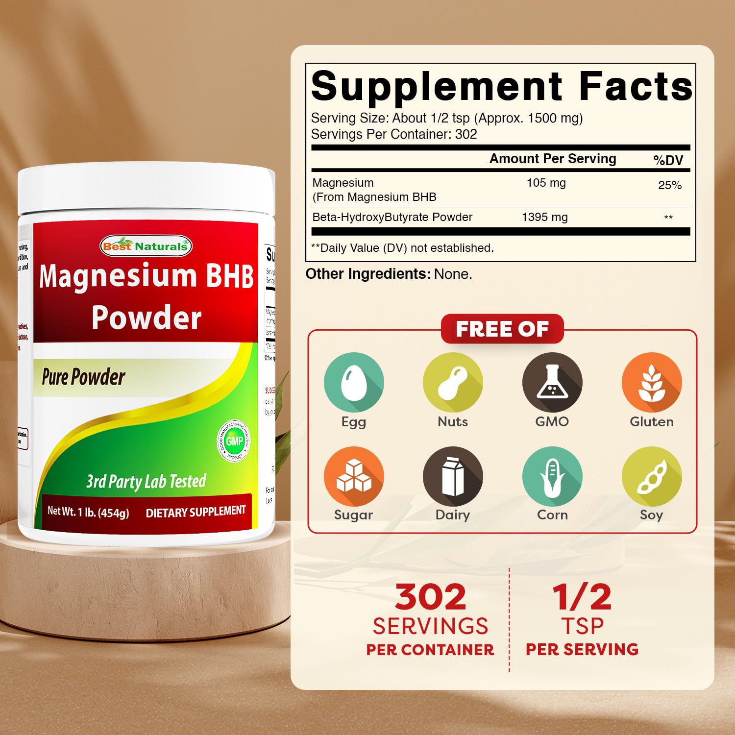 Best Naturals Magnesium BHB Powder scoop showing measurement for customizable servings