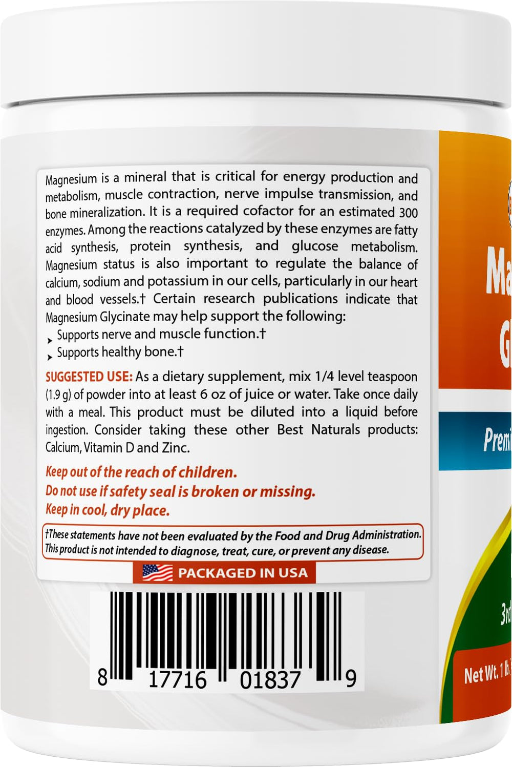 Close-up of Best Naturals bottle emphasizing quality and USA-based facility.