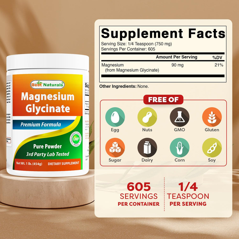 Best Naturals Magnesium Glycinate Powder scoop showing accurate 750 mg portions.