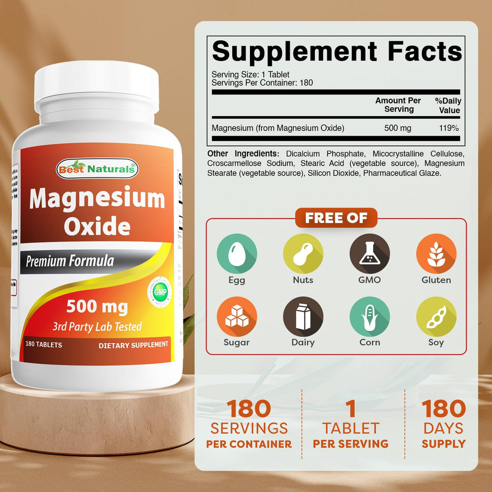 Best Naturals Magnesium Oxide bottle label close-up with dosage information for planning