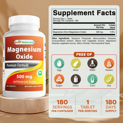Best Naturals Magnesium Oxide bottle label close-up with dosage information for planning