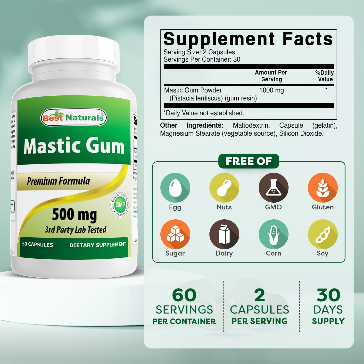Best Naturals Mastic Gum 500 mg capsules closeup highlights capsule texture for routine use