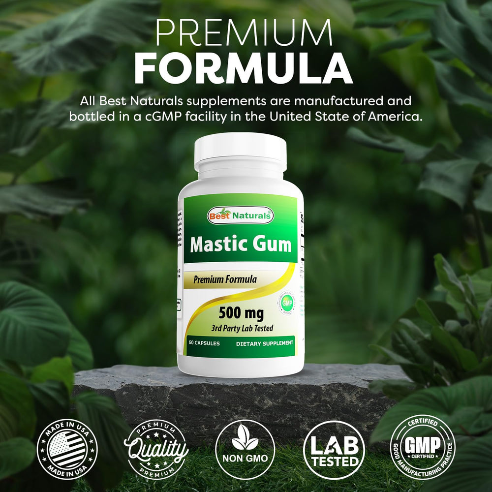 Capsules inside the Best Naturals Mastic Gum 500 mg bottle