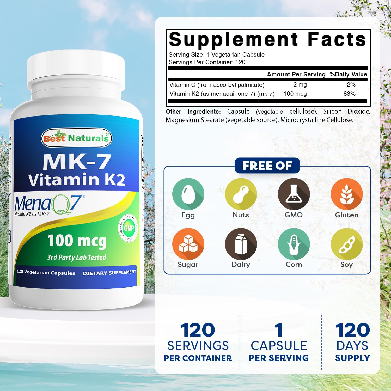 Best Naturals MK-7 bottle back label shows ingredients and purity details.