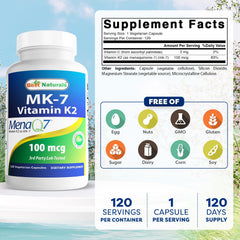 Best Naturals MK-7 bottle back label shows ingredients and purity details.
