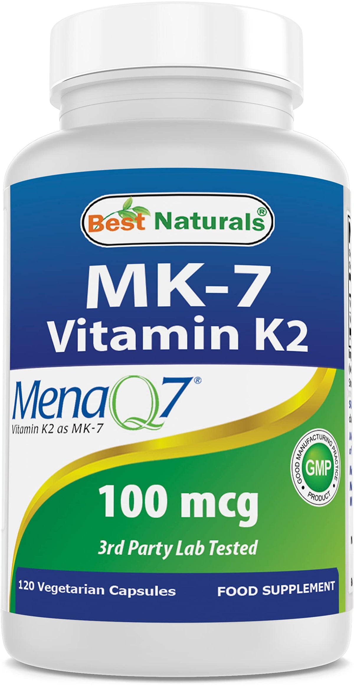 Best Naturals MK-7 Vitamin K2 bottle front highlighting high-potency vegetarian supplement.