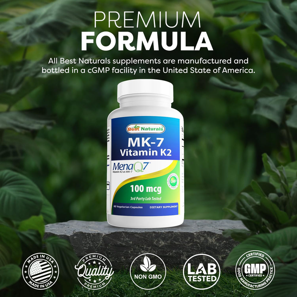 Best Naturals MK-7 100mcg bottle on desk for daily use
