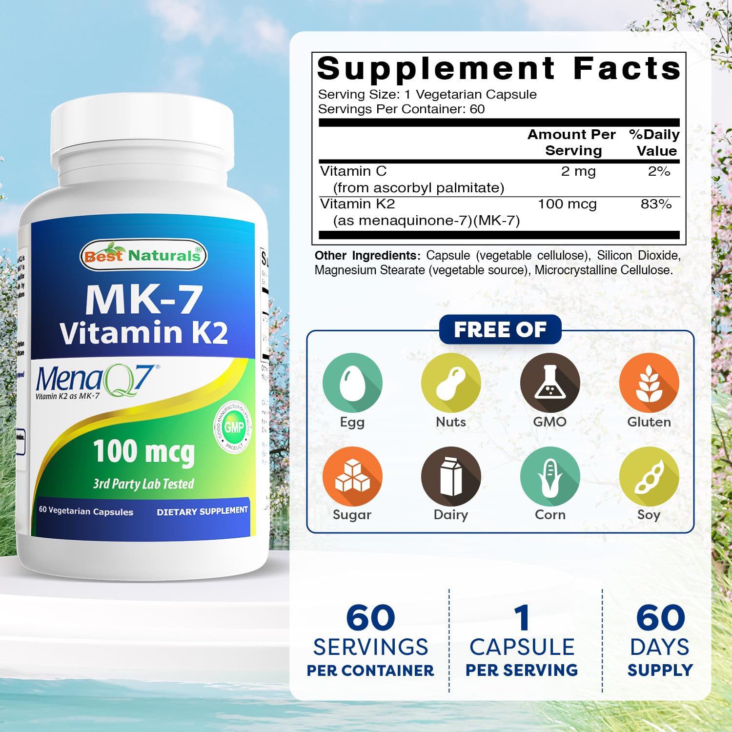 Best Naturals MK-7 100mcg capsules close-up; vegetarian capsules for easy swallowing
