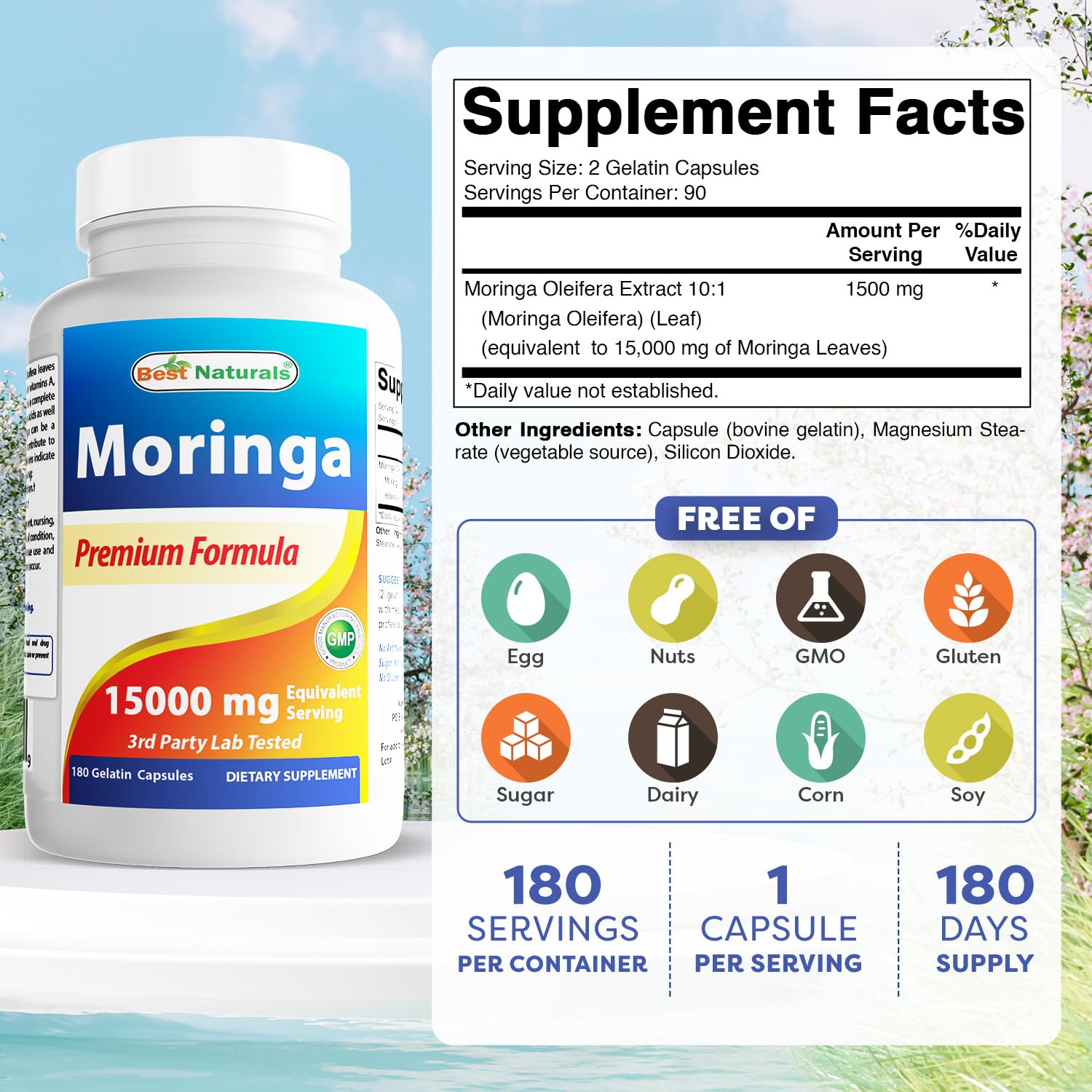 Best Naturals Moringa Extract capsules closeup showing convenient capsule form